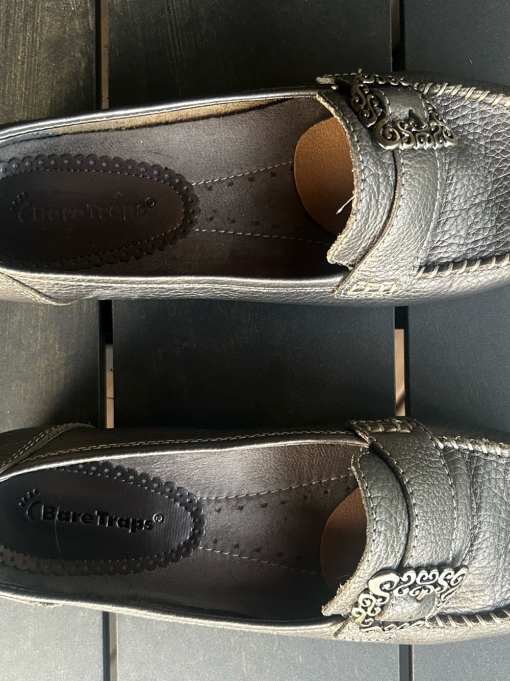 BareTraps Black Textured Leather Slip-On Loafers with Ornate Buckle